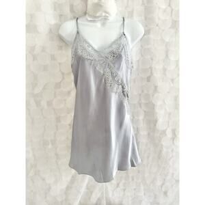 In Bloom Women’s M Blue Gray Short Satin Slip Nightgown Eyelash Lace